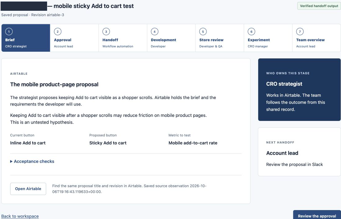 Shared workspace displaying the imported brief and revision