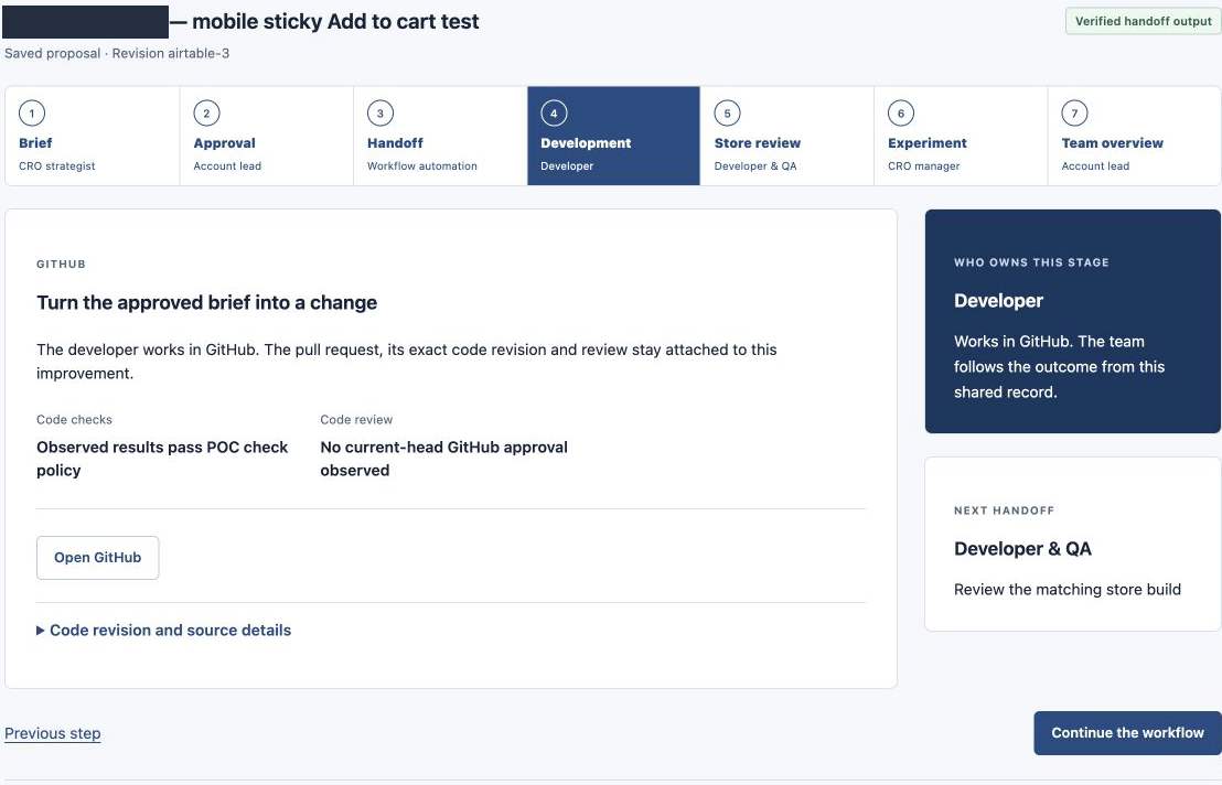 Workspace with imported GitHub development status and review still pending