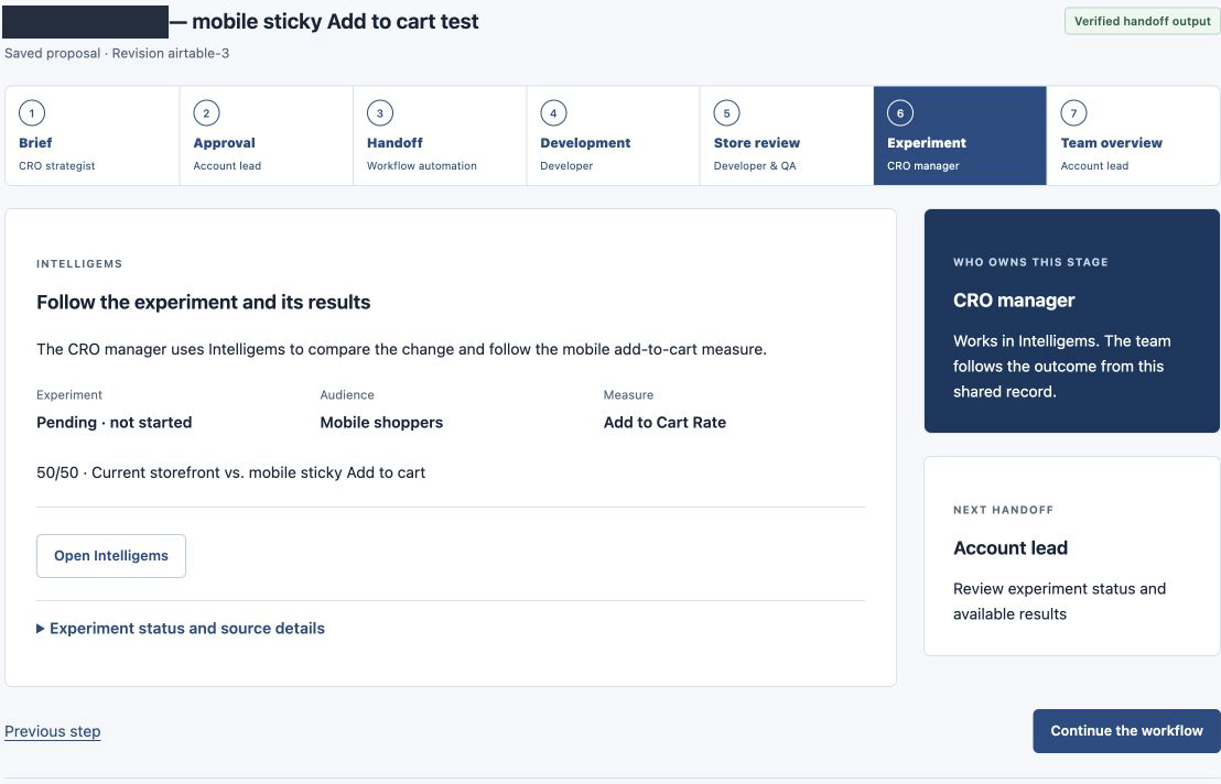 Workspace showing imported pending mobile experiment configuration