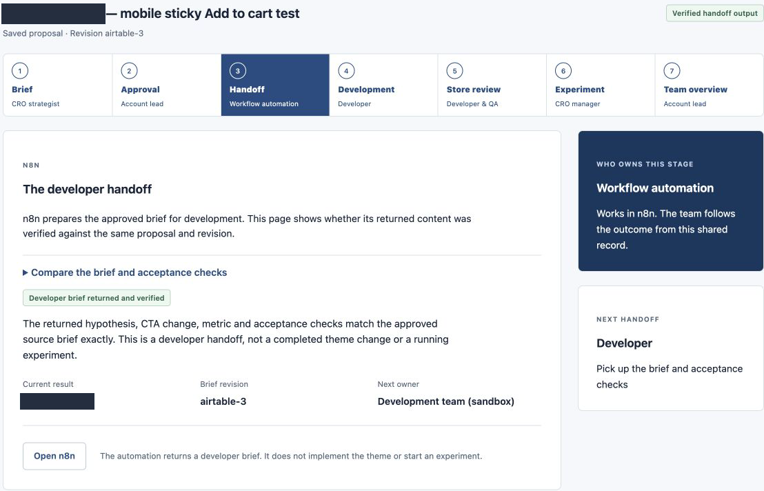 Workspace showing the returned developer brief as verified