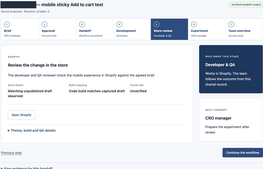 Workspace linking the store draft and showing human QA as unverified