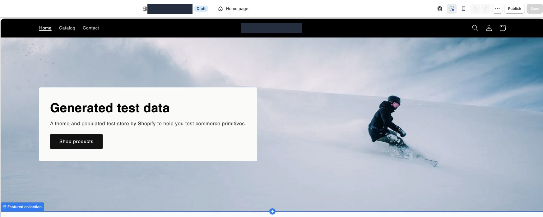 Redacted Shopify theme editor showing the actual draft